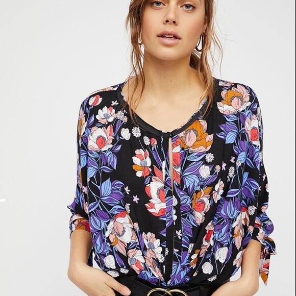 Free People Keepin On Top Womens Size XS Black Multicolor Floral Oversized Boho - Picture 4 of 13